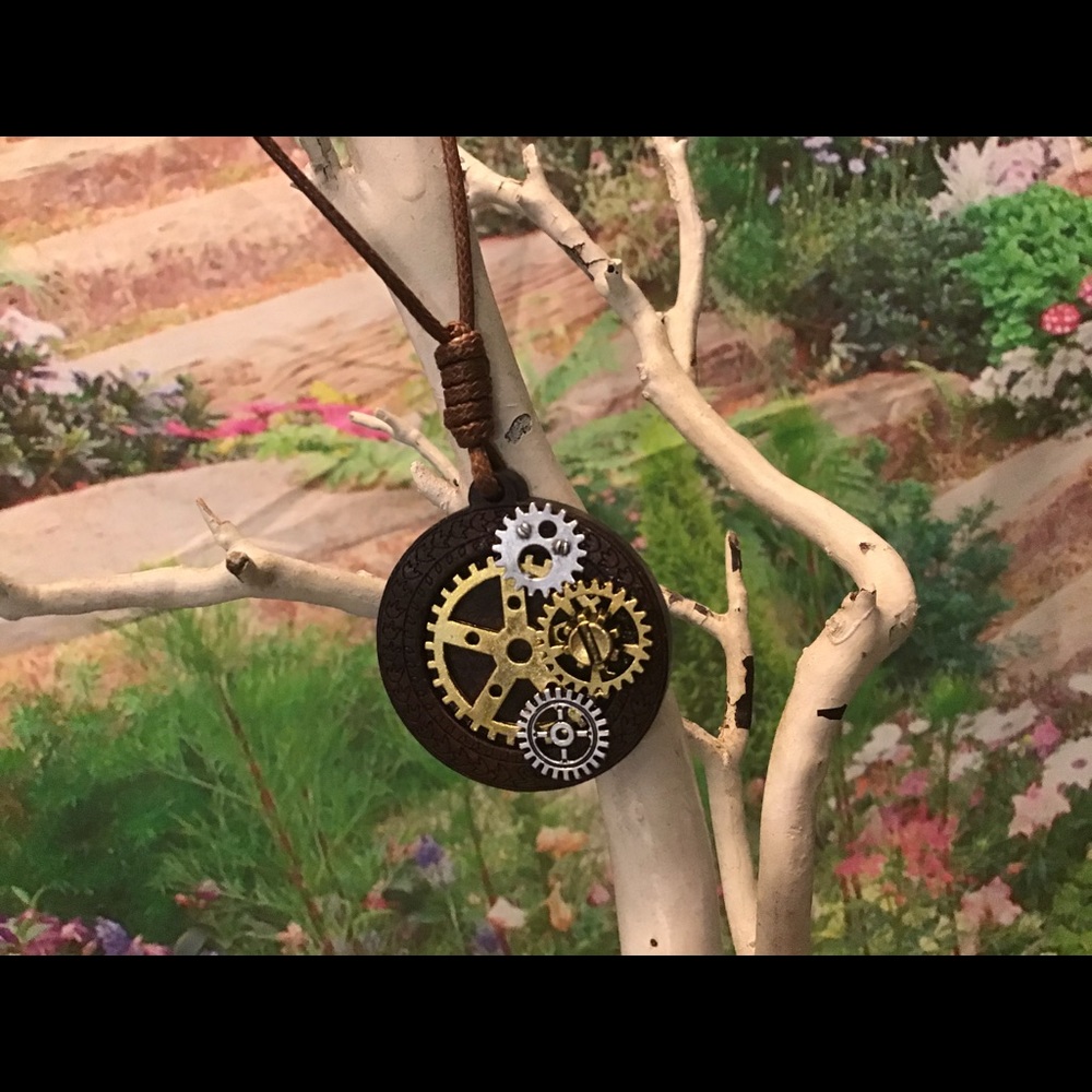 Steampunk wooden necklace long carved new handmade